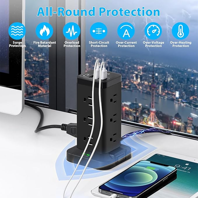 BEVA Power Strip Tower with USB Ports, Surge Protector with USB Ports, 12 AC - Image 6