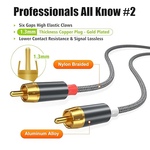 AGVEE 6.6ft RCA Cable, 2 RCA Male Thickened Six Claws Plug Stereo Auxiliary - Image 4