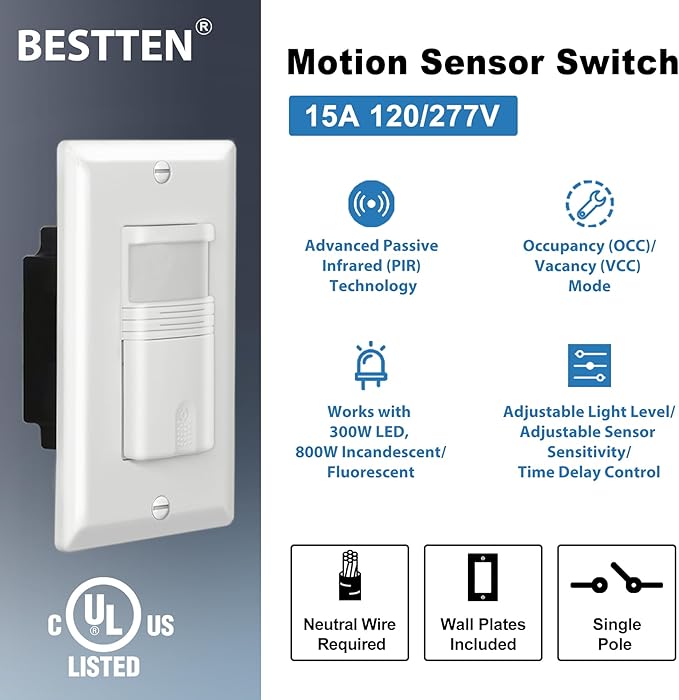 BESTTEN 10 Pack Motion Sensor Light Switch, Single Pole PIR Sensor Wall Switch - Image 2