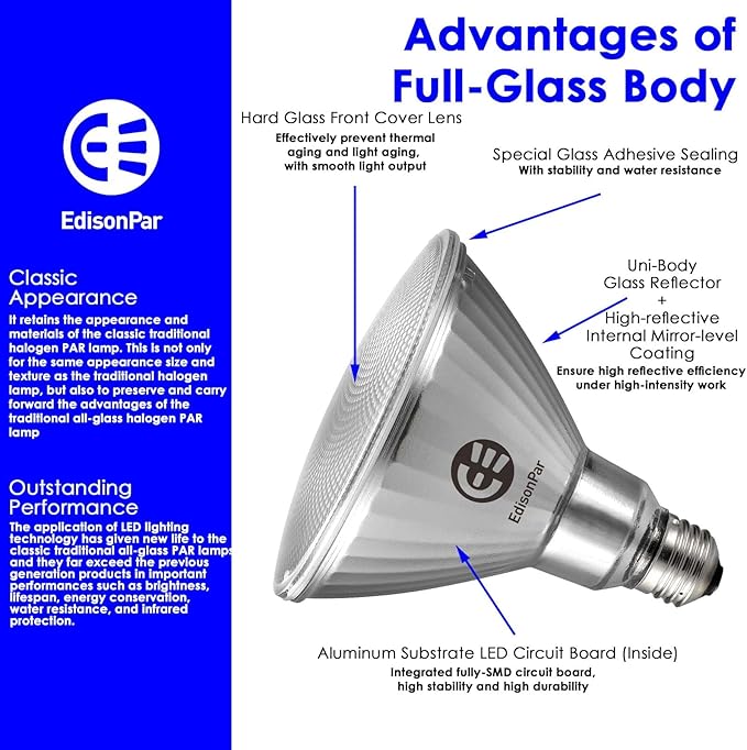 EdisonPar Full-Glass PAR38 LED Flood Light Bulbs Outdoor/Indoor Equivalent 300 - Image 3