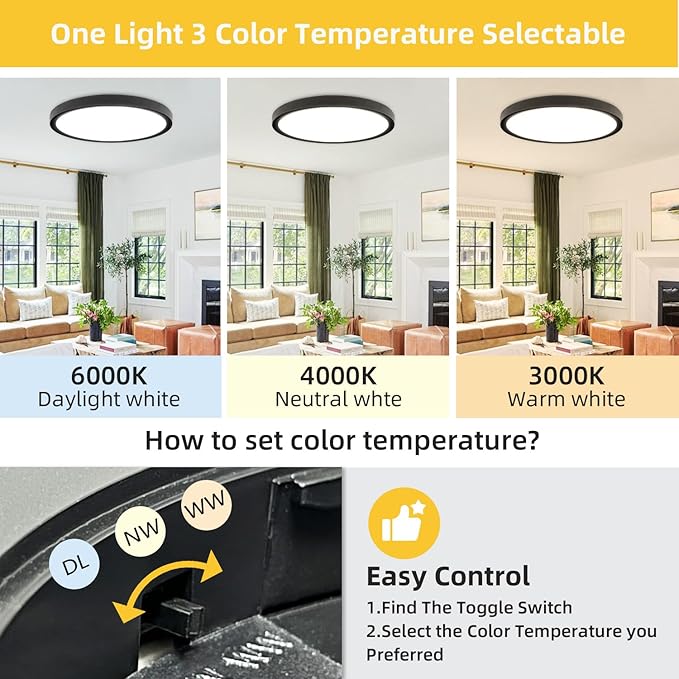 RLEDPZTX Led Flush Mount Ceiling Light, 16 Inch 32w 3480lm, 3000k/4000k/6000k - Image 3