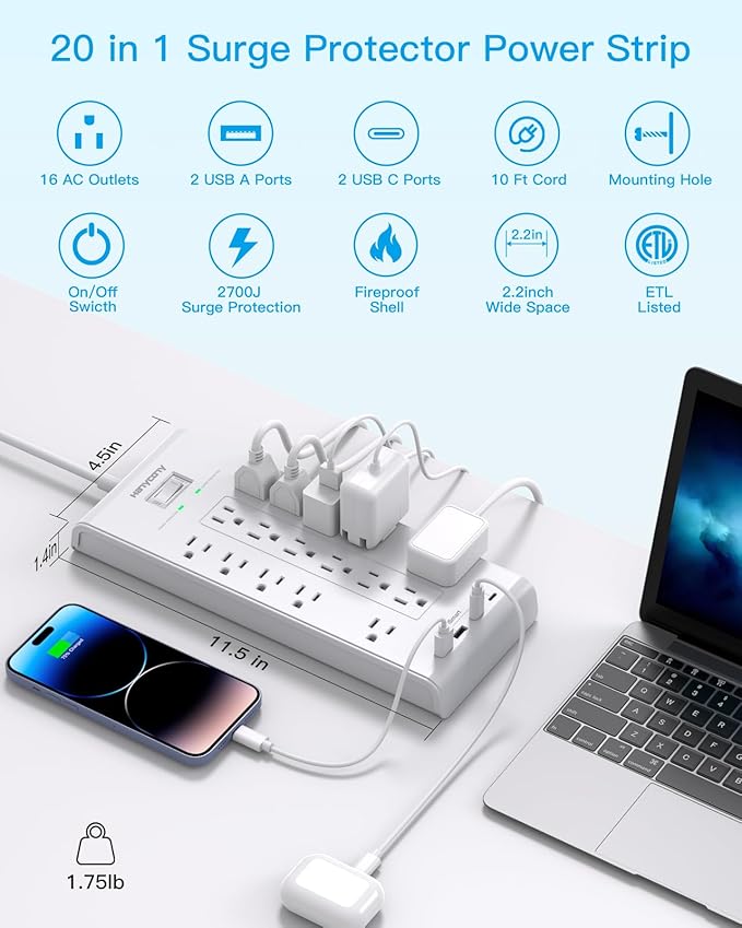 HANYCONY Surge Protector Power Strip 10 Ft, 16 Outlets 4 USB Ports, Flat Plug - Image 2