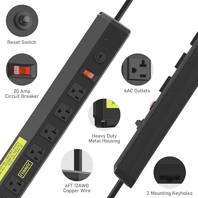 JUNNUJ Heavy Duty 20 Amp Power Strip 2 Pack, High Amp Surge Protector 6 Outlet - Image 2