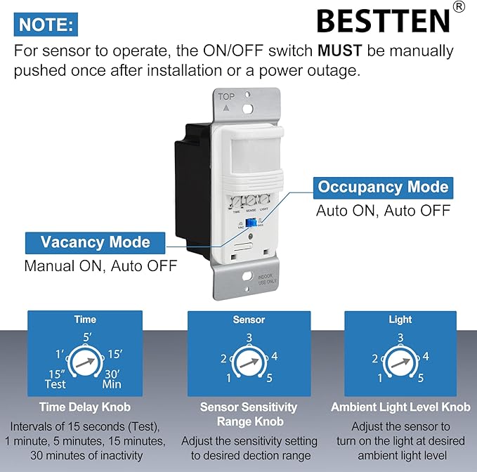 BESTTEN 10 Pack Motion Sensor Light Switch, Single Pole PIR Sensor Wall Switch - Image 3