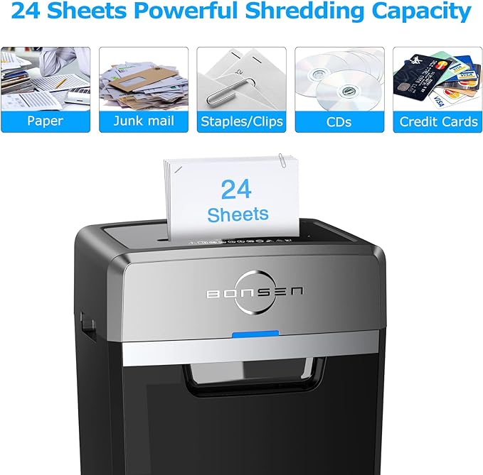 BONSEN Heavy Duty Paper Shredder, 24-Sheet Cross-Cut Shredder, 40-Min - Image 2