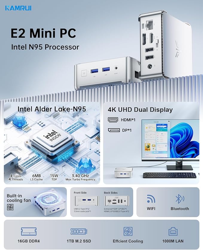 KAMRUI Essenx E2 Mini PC, 16GB RAM 1TB SSD Mini Computers, 12th Alder Lake N95 - Image 3