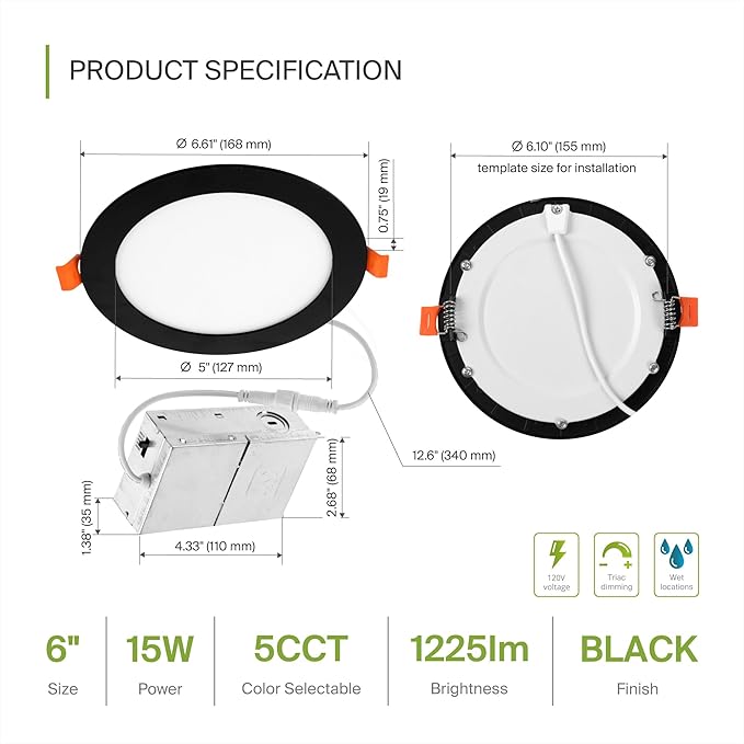 ASD 12 Pack LED Recessed Lighting 6 Inch 15W, 5 CCT 2700K-5000K CRI90+ - Image 2