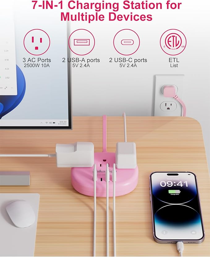 Pink Extension Cord with Surge Protected 1080J - 5 FT Kawaii Power Strip - Image 2