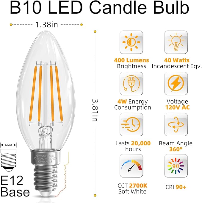 GvvooHome E12 Candelabra Bulb 40 watt Equivalent, E12 LED Bulb Dimmable - Image 2