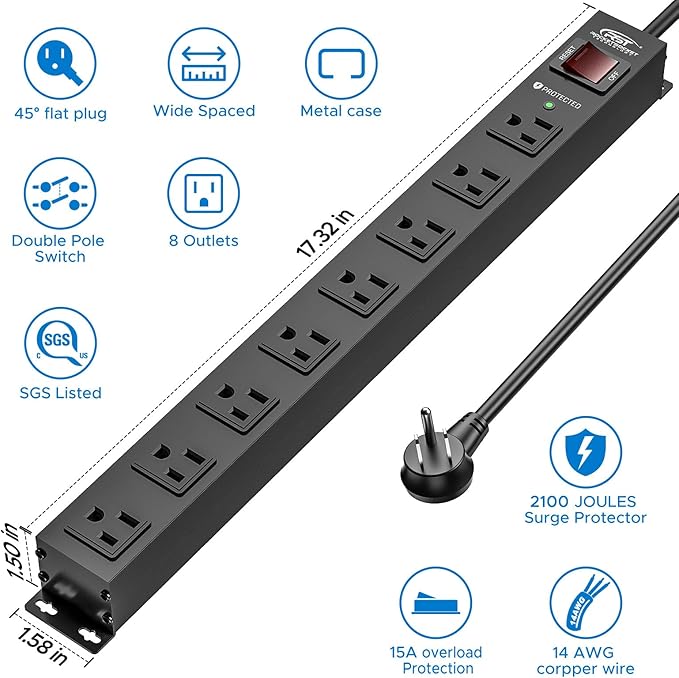 CRST 8 Outlet Metal Heavy Duty Power Strip, 2100J Surge Protector, 6FT Cord - Image 2