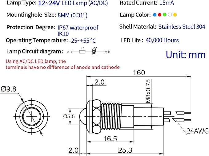ZGSZJHF UL Listed Mini Indicator Light 8mm 0.31" Waterproof Domed Metal - Image 3