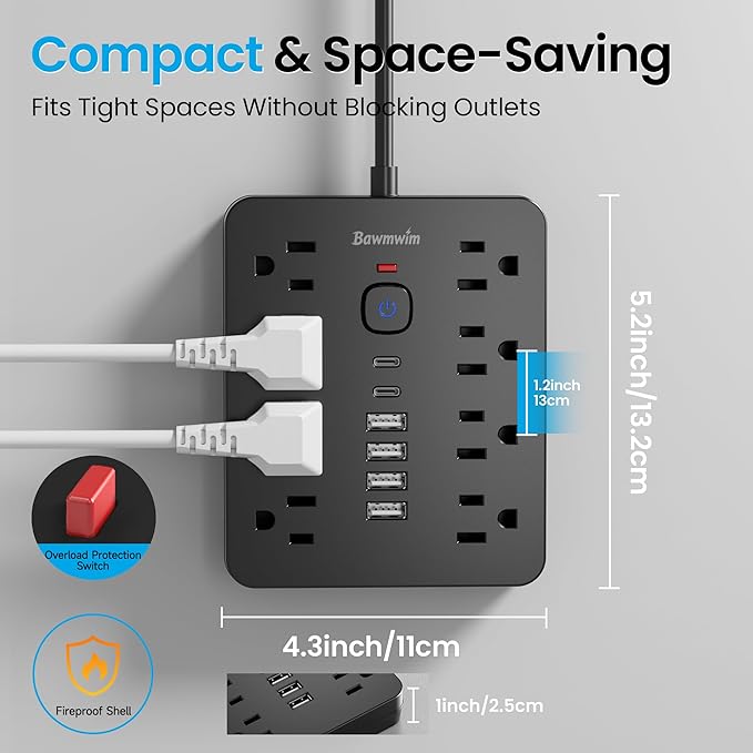 Bawmwim Surge Protector Power Strip, 8 Outlets, 6 USB Charging Ports, 10FT Flat - Image 6