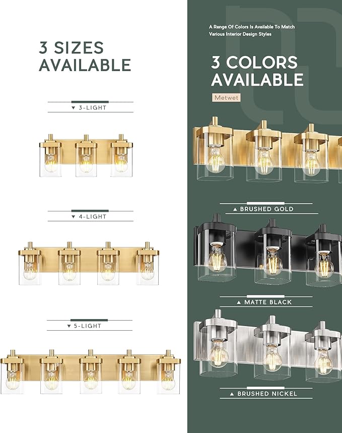 METWET Bathroom Light Fixtures, 5-Light Modern Wall Sconces - Image 7