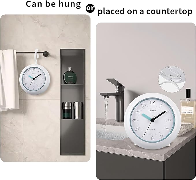OSTAR Waterproof Bathroom Shower Clock, Analog Quartz Clock Hanging Stand Dual - Image 2