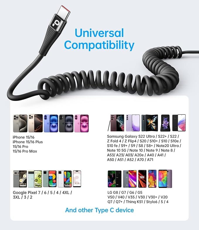 USB C to C Cable 3FT for Car, Coiled USB C Cable Fast Charging for iPhone 16 - Image 7