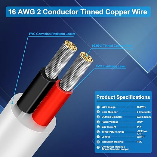 16 Gauge 2 Conductor Electrical Wire, 32.8FT Low Voltage 16/2 Tinned Copper - Image 2