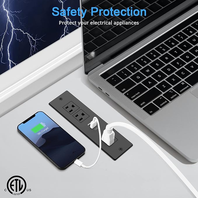 Recessed Power Strip, Furniture Plug in 3 Outlets & Fast Charging 20W PD USB-C - Image 3