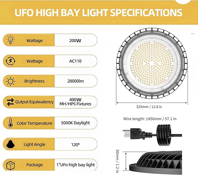 SOUTHLEVY 2 Pack UFO 200W LED High Bay Light, 5 ft Cable - Image 3