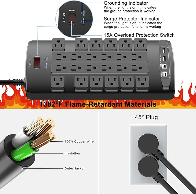 QINLIANF Surge Protector Power Strip - 10Ft Flat Plug Heavy Duty Extension Cord - Image 6
