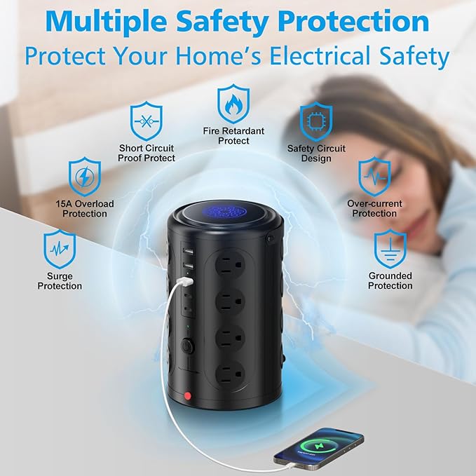 Tower Surge Protector Power Strip, 5FT Extension Cord, 1800J Protector Charging - Image 4