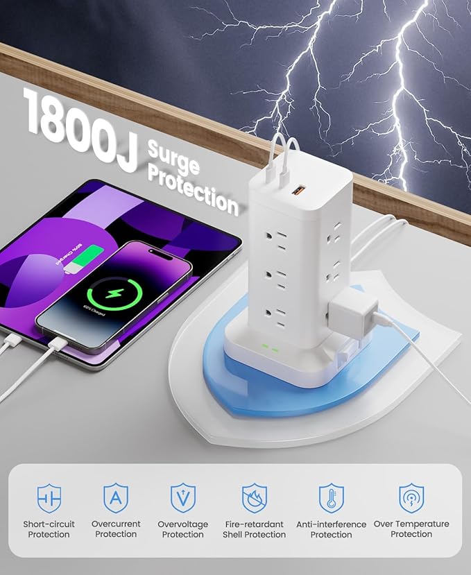 Power Strip Tower with Surge Protector 1800J, Fast Charging Tower PD20W USB-C - Image 2