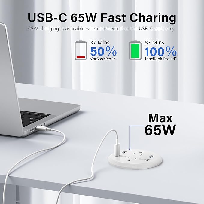 Desktop Power Grommet, 65W USB C Fast Charging, Flush Mount Recessed Power - Image 2