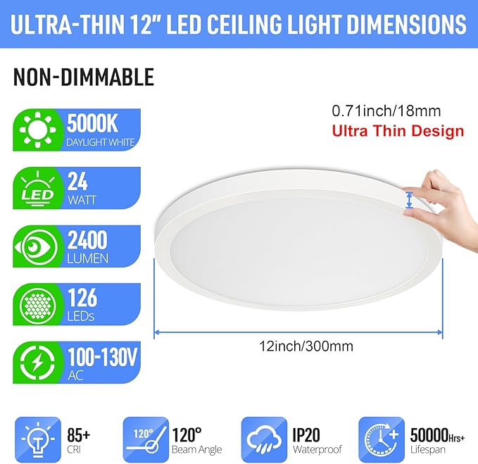 SunRider 2-Pack LED Flush Mount Ceiling Light Fixture, 5000K Daylight White - Image 2