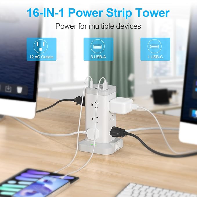 BEVA Power Strip Tower with USB Ports, 16 in 1 Surge Protector Tower, 12 AC and - Image 5