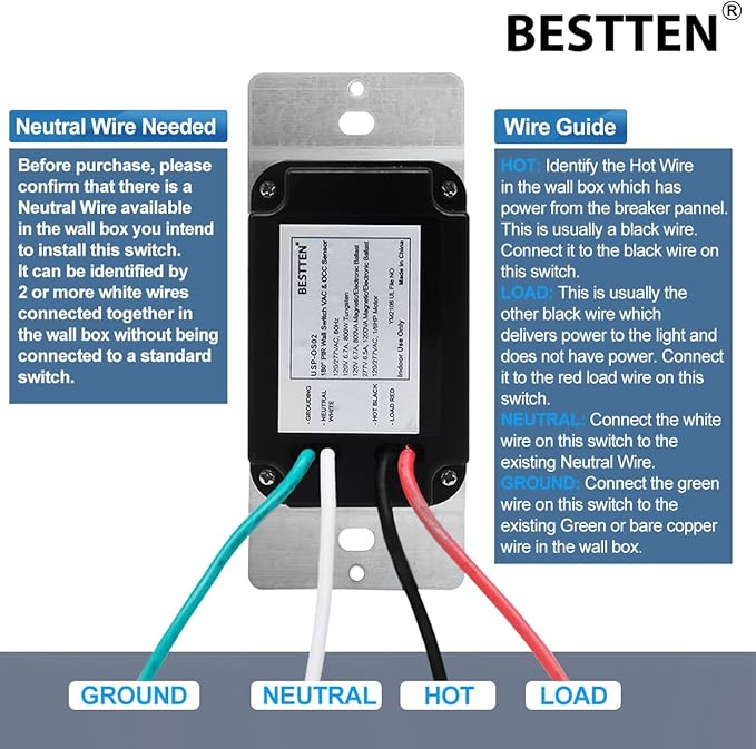 BESTTEN 10 Pack Motion Sensor Light Switch, Single Pole PIR Sensor Wall Switch - Image 5