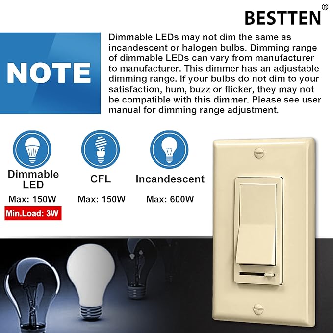 BESTTEN 10 Pack Almond Dimmer Light Switch, 3 Way or Single Pole Dimmer Switches - Image 7