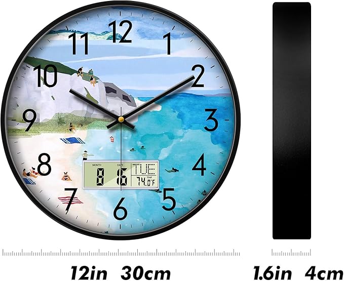SCOAGE Silent Wall Clock with Temperature Day and Date Blue Mountain and Sea - Image 6