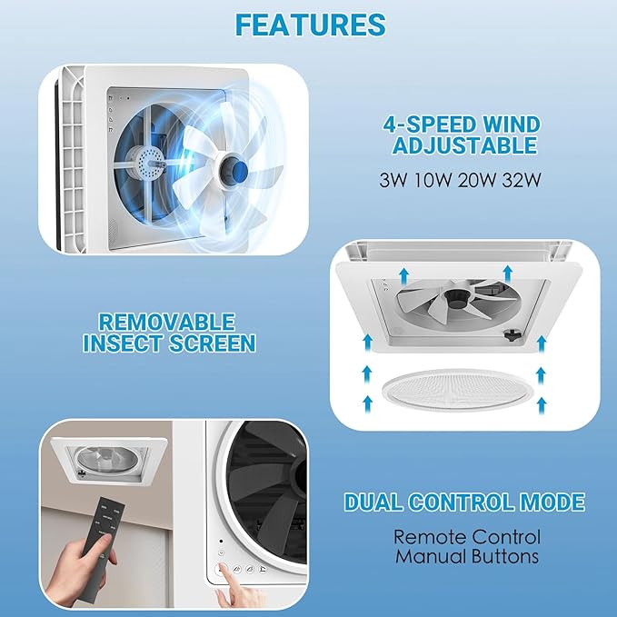 2012 14" RV Roof Vent Fan with LED Light, Air Max Reversible Exhaust Vent - Image 6