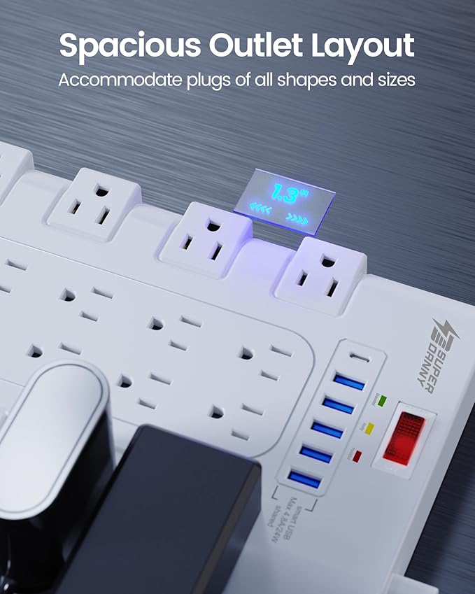 Flat Plug Power Strip 10Ft, SUPERDANNY Surge Protector - Image 4