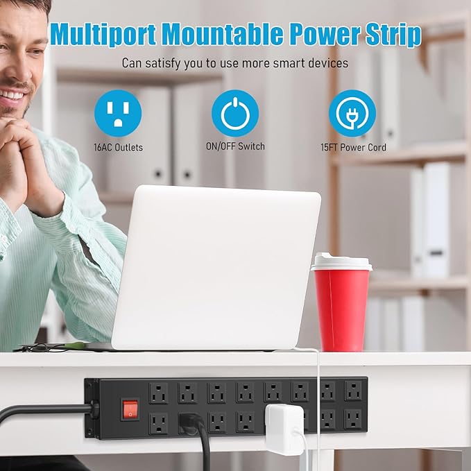 HHSOET Metal 16 Outlet Mountable Power Strip, Wall Mount Garage Workbench Socket - Image 3