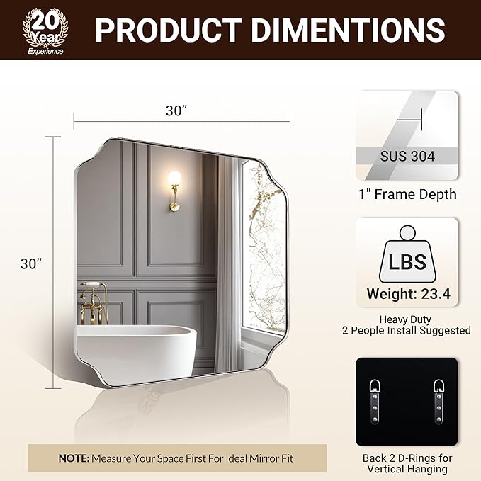 ANDY STAR 30"x30" Chrome Square Mirror, Polished Nickel Scalloped Bathroom - Image 2