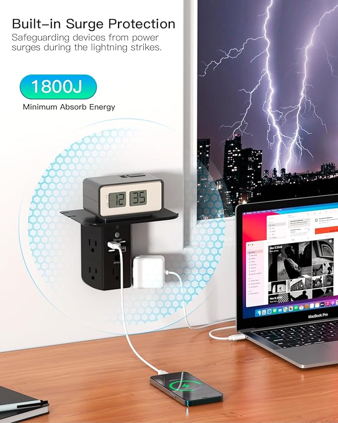 Wall Outlet Extender with Shelf and Night Light, Surge Protector, USB Wall - Image 5