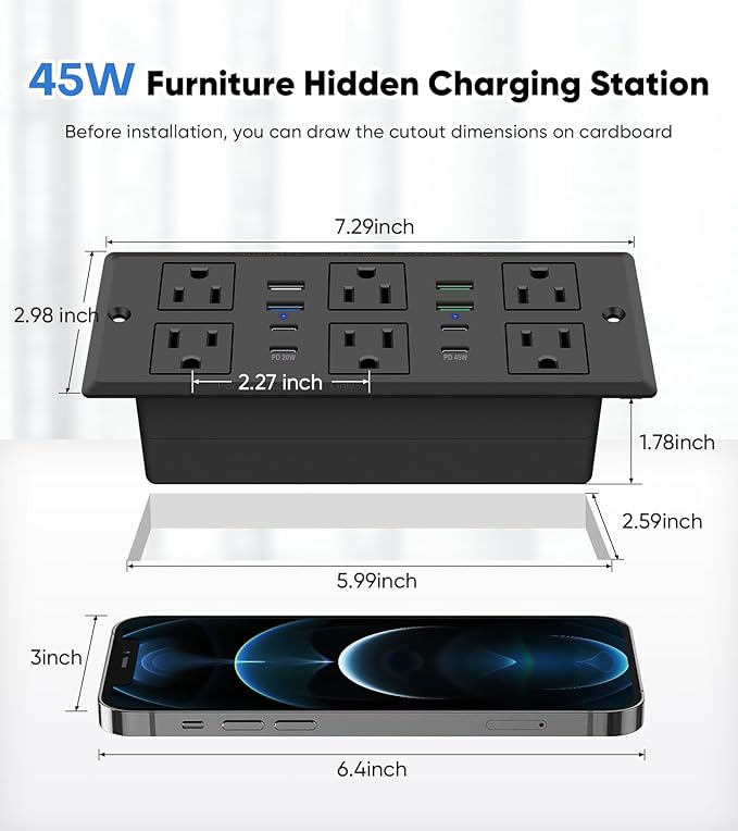 Recessed Power Strip with 45W USB C, Furniture Desk Flush Mount Outlet - Image 7