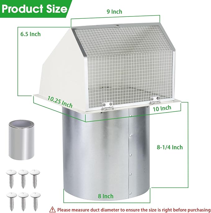 8 Inch Hooded Wall Vent with Screen and Damper, Outdoor Wall Exhaust Vent Cover - Image 2