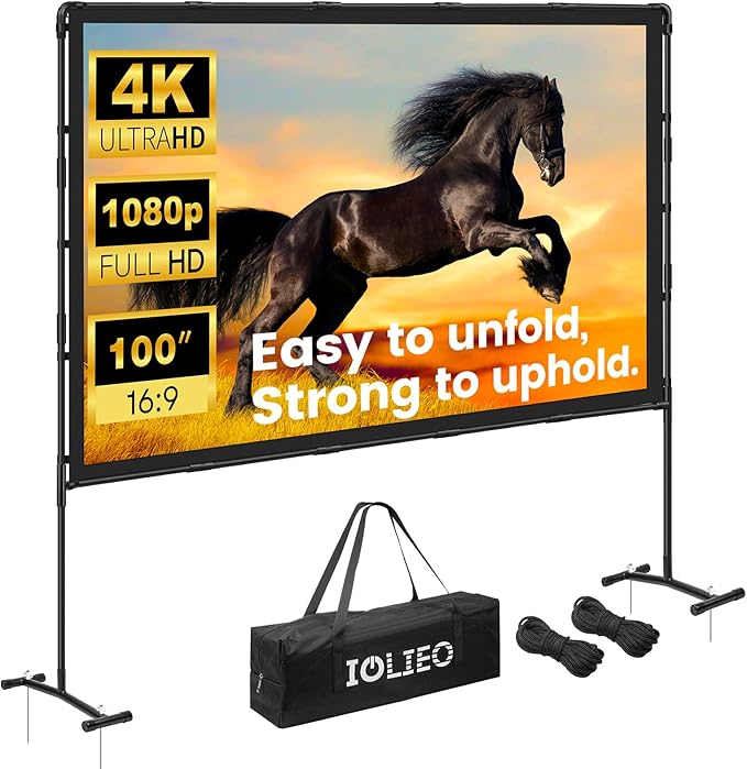 Projector Screen with Stand, 100 Inch, 16:9 Outdoor Portable Screen, Unique by Iolieo
