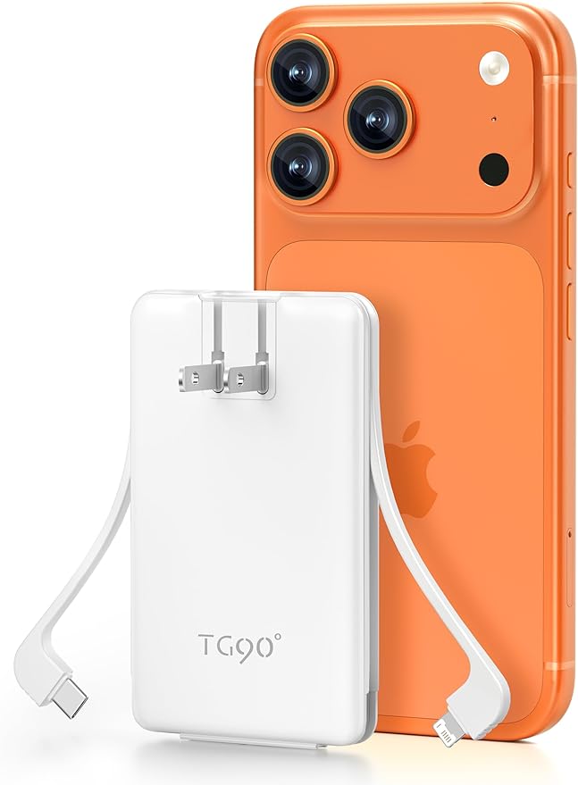 TG90° 5000mAh Small Portable Charger Built in AC Wall Plug and Cables, Card by TG90%C2%B0