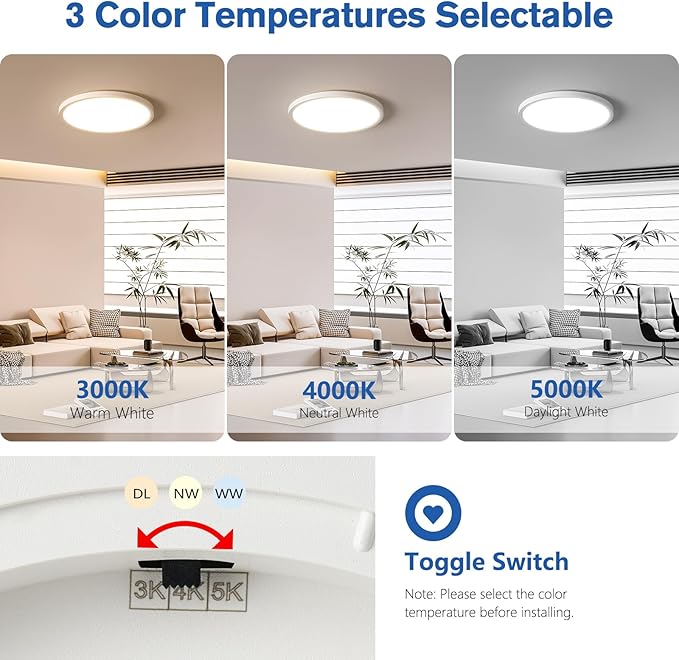 YELIOLED 12 Inch Slim Dimmable LED Flush Mount Ceiling Light Fixtures, 24W - Image 2