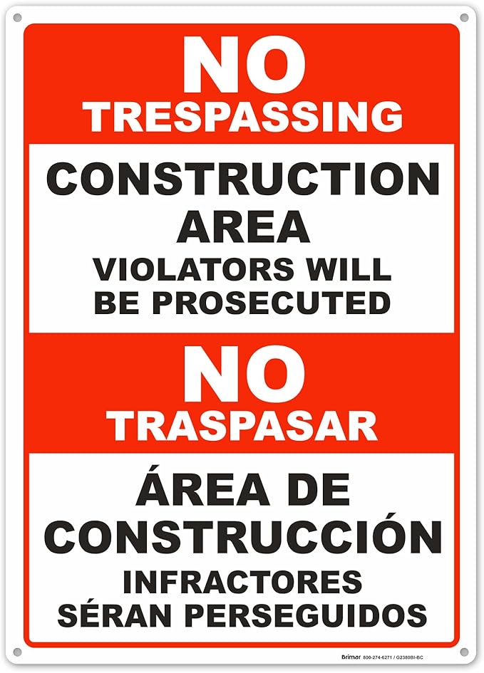 Brimar - 10" x 14" - Bilingual Construction Area Violators Will Be Prosecuted by BrimarIndustries