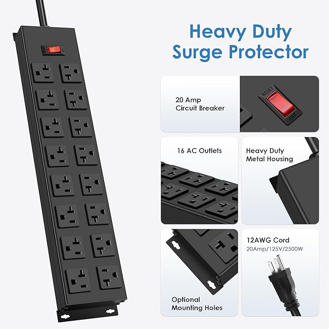 JUNNUJ Heavy Duty 20 Amp Power Strip - Image 6