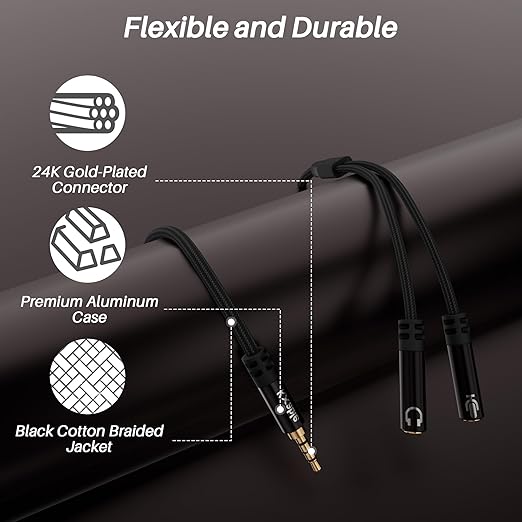1/8inch Aux Headphone Splitter 2 Way Cable 2FT, 3.5mm 1 Male to 2 Female Mic - Image 2