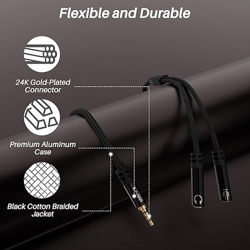 1/8inch Aux Headphone Splitter 2 Way Cable 6FT, 3.5mm 1 Male to 2 Female Mic - Image 2