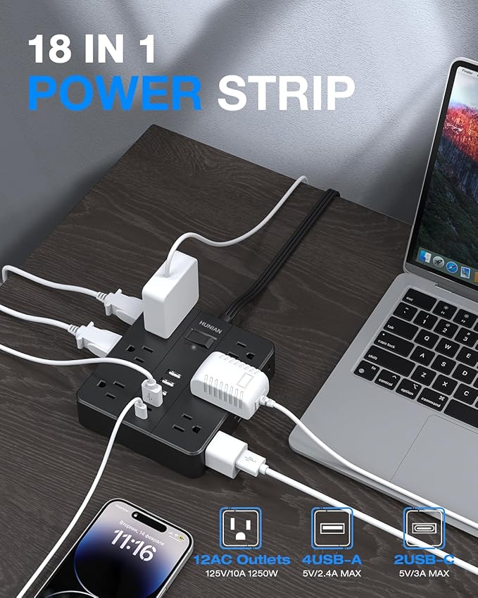 Surge Protector Power Strip 15 Ft Cord, HUNIAN Flat Plug Extension Cord - Image 2