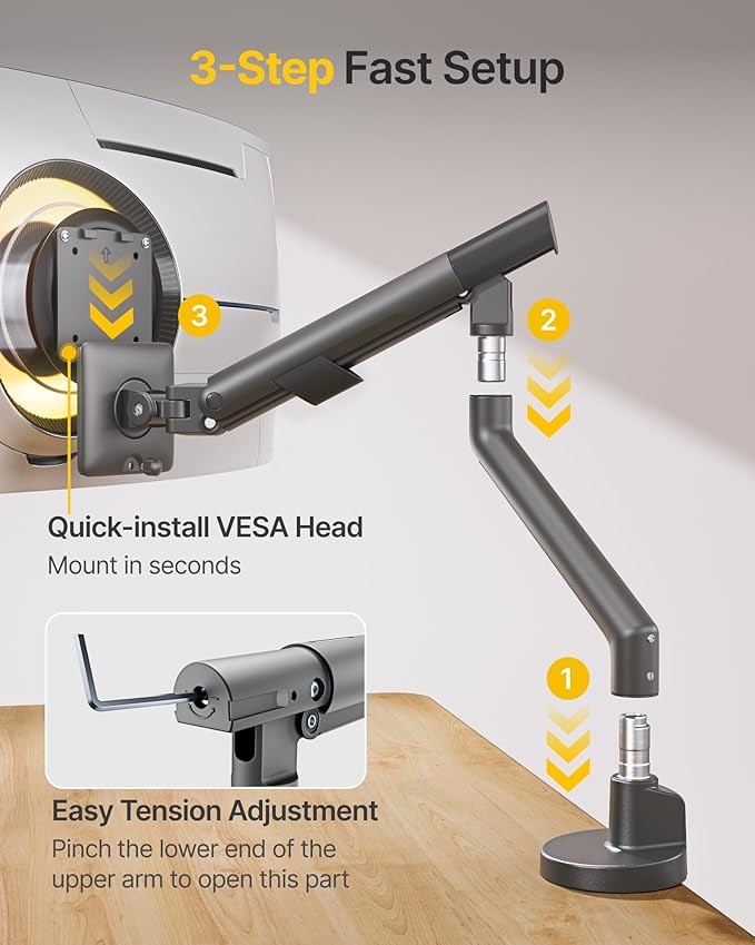 monTEK Single Monitor Arm for 17-40 Inch Screens, Heavy Duty Monitor Mount - Image 5