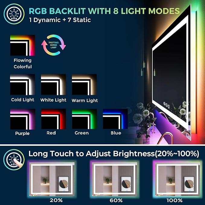 YEELAIT 44x32 Inch RGB LED Bathroom Mirror Front Light and RGB Backlit Lighted - Image 3