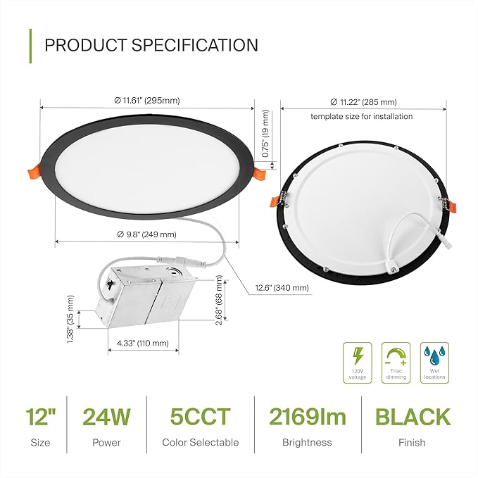 ASD 1 Pack 11/12 Inch LED Recessed Lighting 24W, 5 CCT 2700K-5000K CRI90+ - Image 2