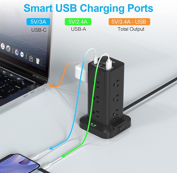 BEVA Power Strip Tower with USB Ports, 6.5 FT Surge Protector Power Tower - Image 4